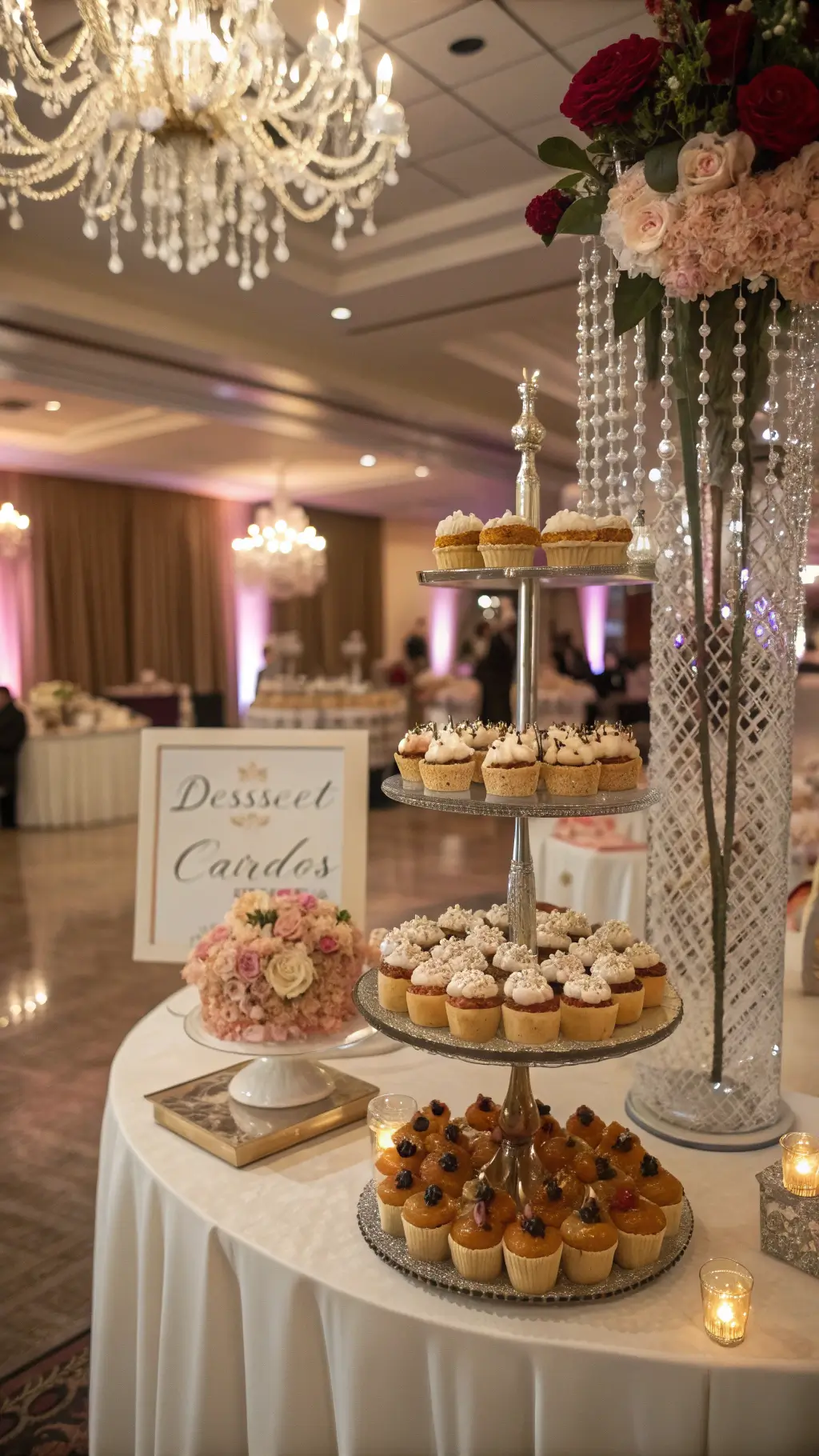 A close-up of a luxurious dessert display featuring mini pumpkin pies and spiced cupcakes on acrylic stands, with champagne silk draping and rose gold sequined linens. Fresh blush and burgundy flowers cascade over a marble table with vintage cake stands and votives, under crystal chandeliers. fall baby shower food ideas