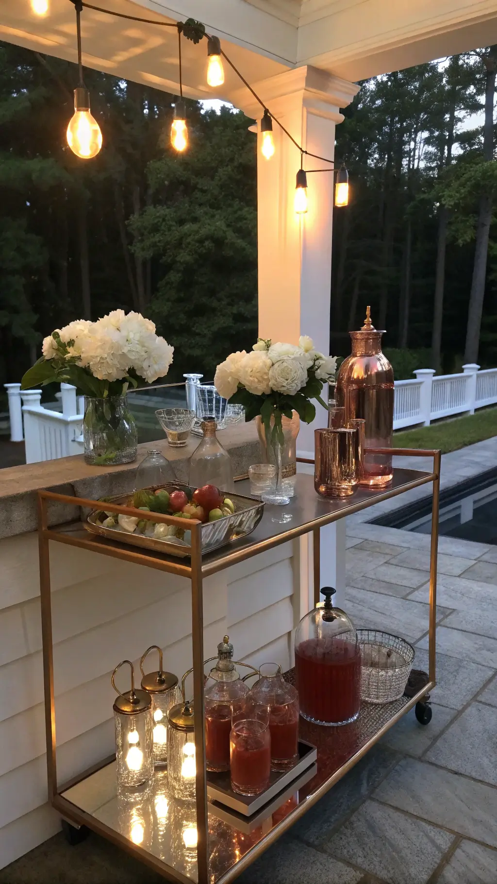 Twilight veranda with copper mugs, crystal decanters, and rose gold shakers on a mirrored bar cart; garden roses and dahlias in vases, ice well with bottles, and café lights create a warm, elegant atmosphere as guests mingle. fall baby shower food ideas