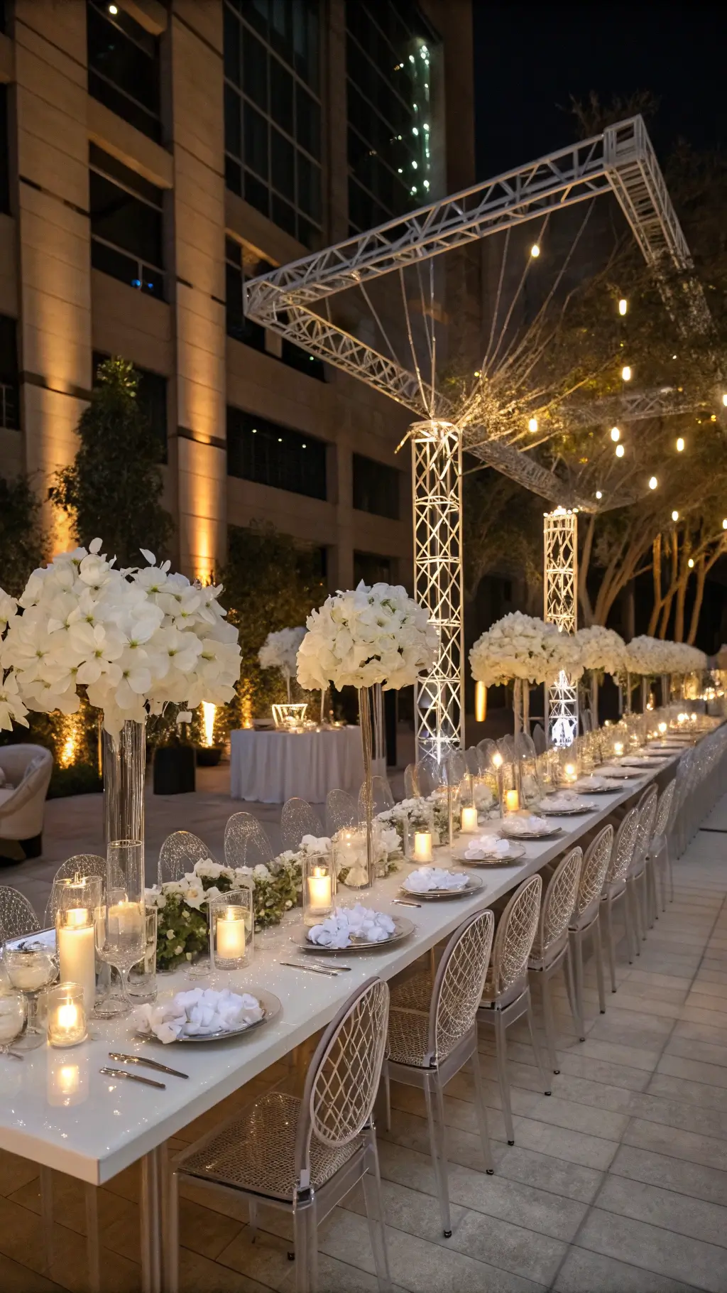 Intimate winter reception with ghost chairs around lucite tables adorned with cascading white orchids, baby's breath, and warm candlelit reflections.