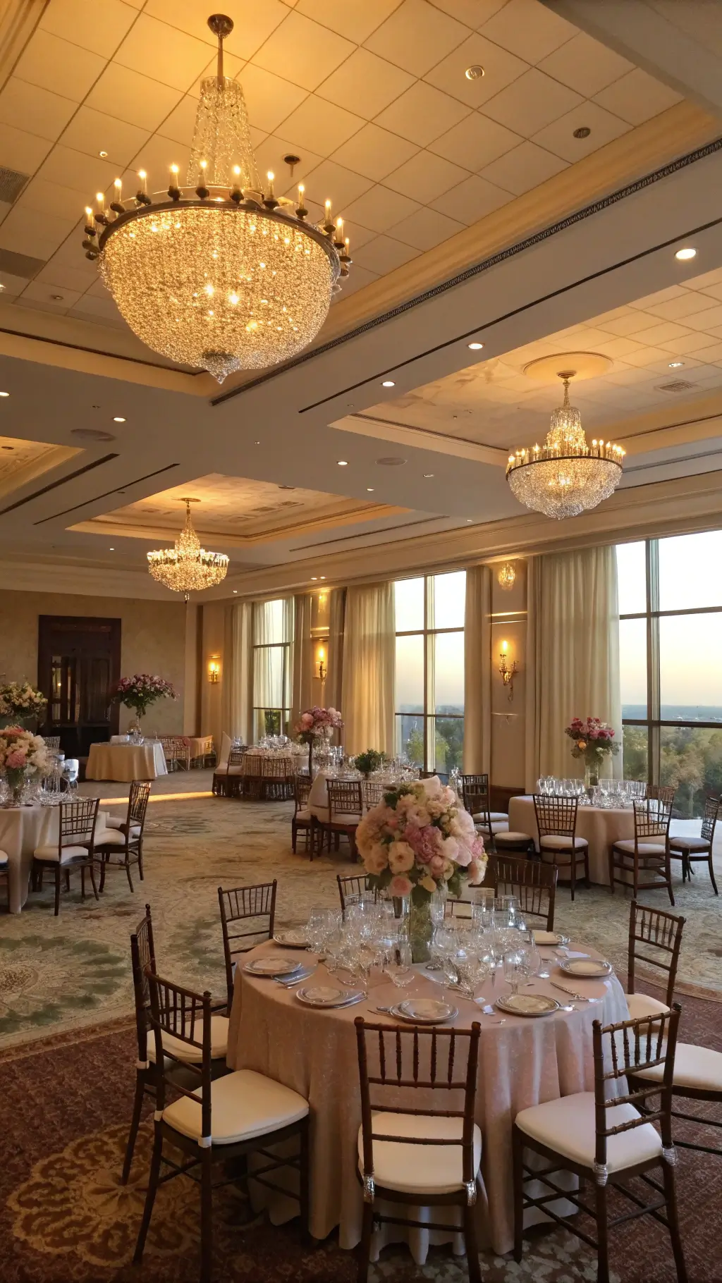 A grand ballroom during golden hour, with sunlight streaming through large windows on silk-draped tables and crystal centerpieces filled with cherry blossoms and ranunculus. Cream linens, chocolate chiavari chairs, and crystal chandeliers complete the scene, with a parquet dance floor and ethereal tulle ceiling swags.