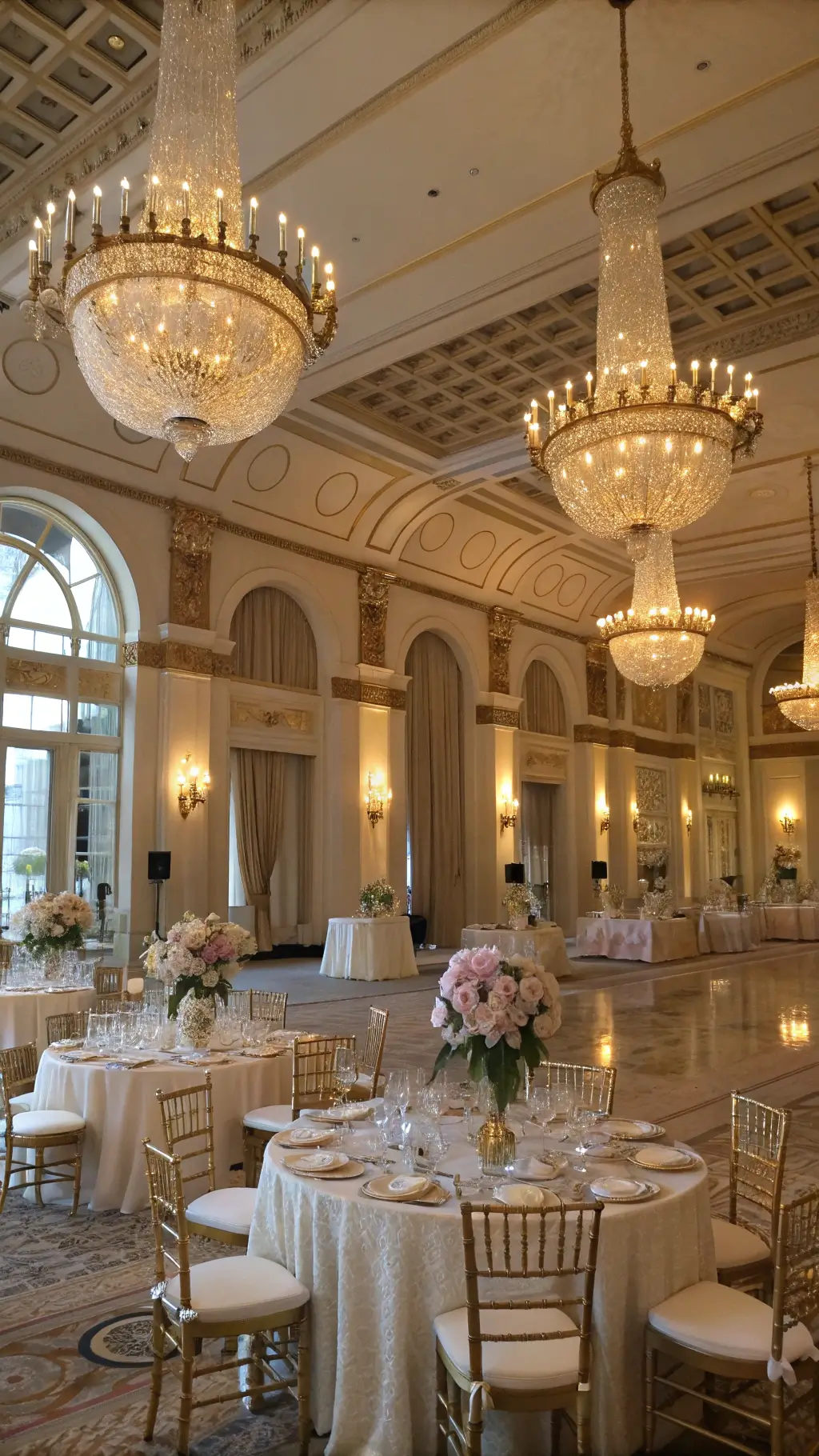 A luxurious ballroom with high ceilings and chandeliers, featuring elegantly set tables with floral centerpieces, ghost chairs, and golden details, illuminated by warm, late afternoon sunlight streaming through large windows.
