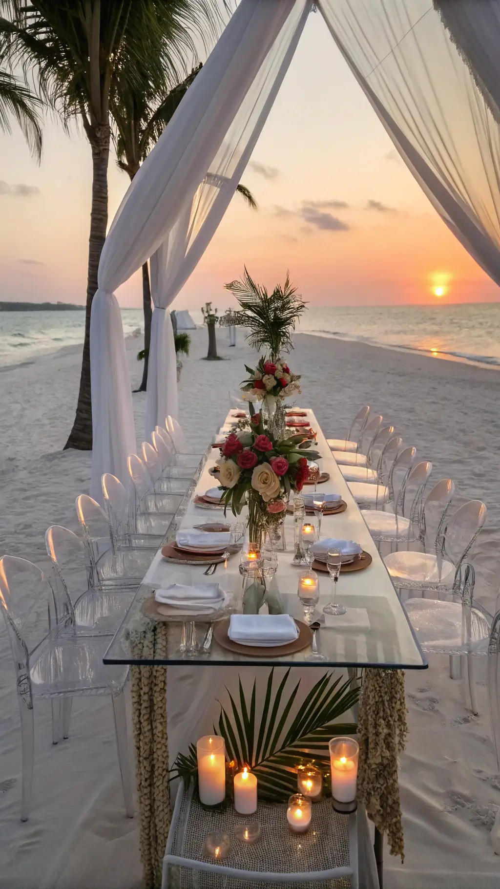 Cinematic wide-angle of a beachfront celebration at sunset with ghost chairs around a floating acrylic table adorned with orchids, peonies, and tropical foliage. Rose gold chargers and lanterns enhance the glowing ambiance, framed by cabanas with ocean waves behind.