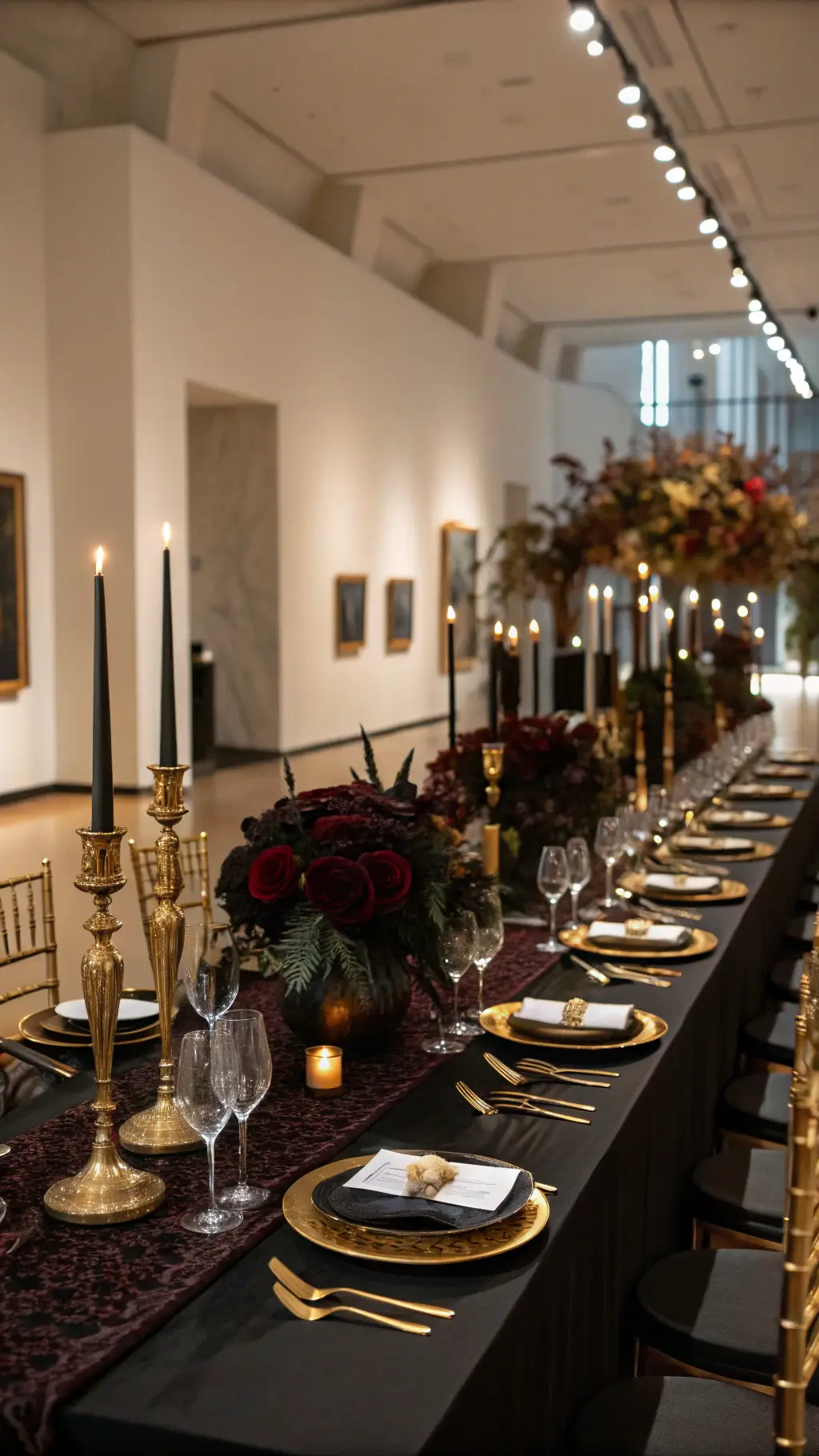 A dimly lit, elegant museum gallery reception with mirrored tables reflecting black candles in brass holders, dark burgundy flowers in black vases, ghost chairs, black and gold place settings, and art spotlighted above.