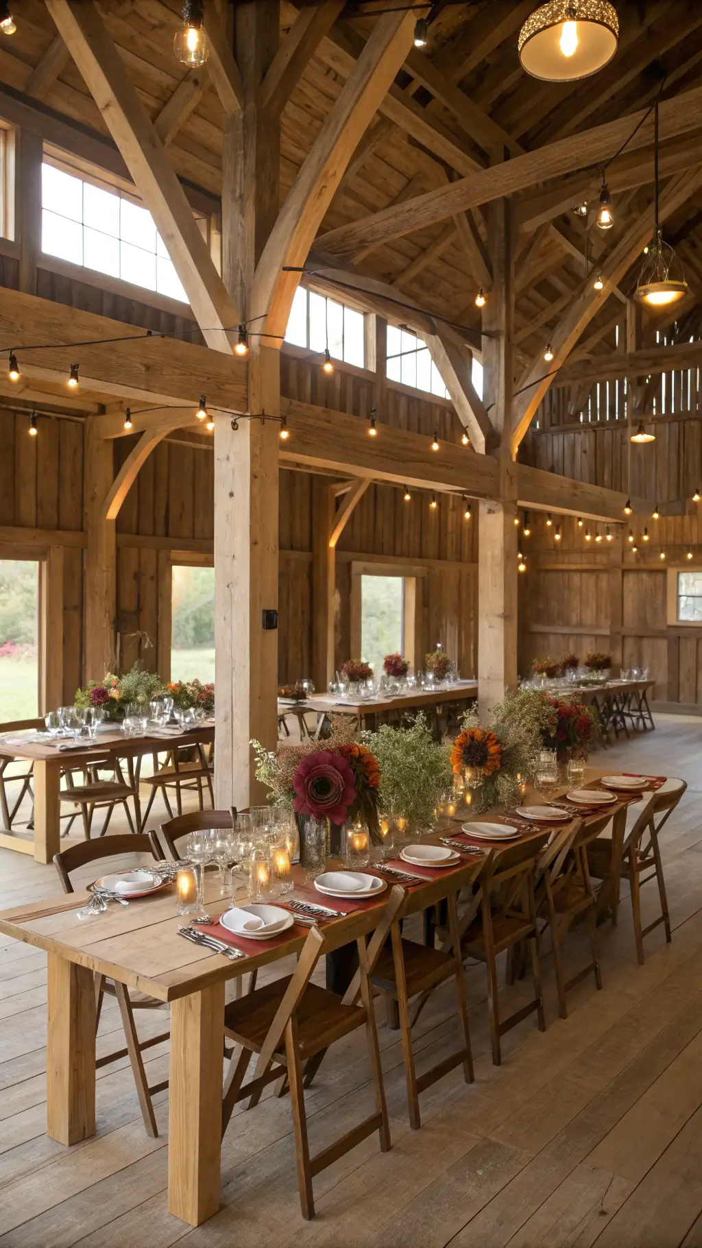 A rustic-luxe barn celebration with afternoon light streaming through wooden beams, featuring wooden harvest tables, cross-back chairs, meadow-style centerpieces, crystal decanters, silk runners, pottery plates, and gold flatware. luxury centerpieces