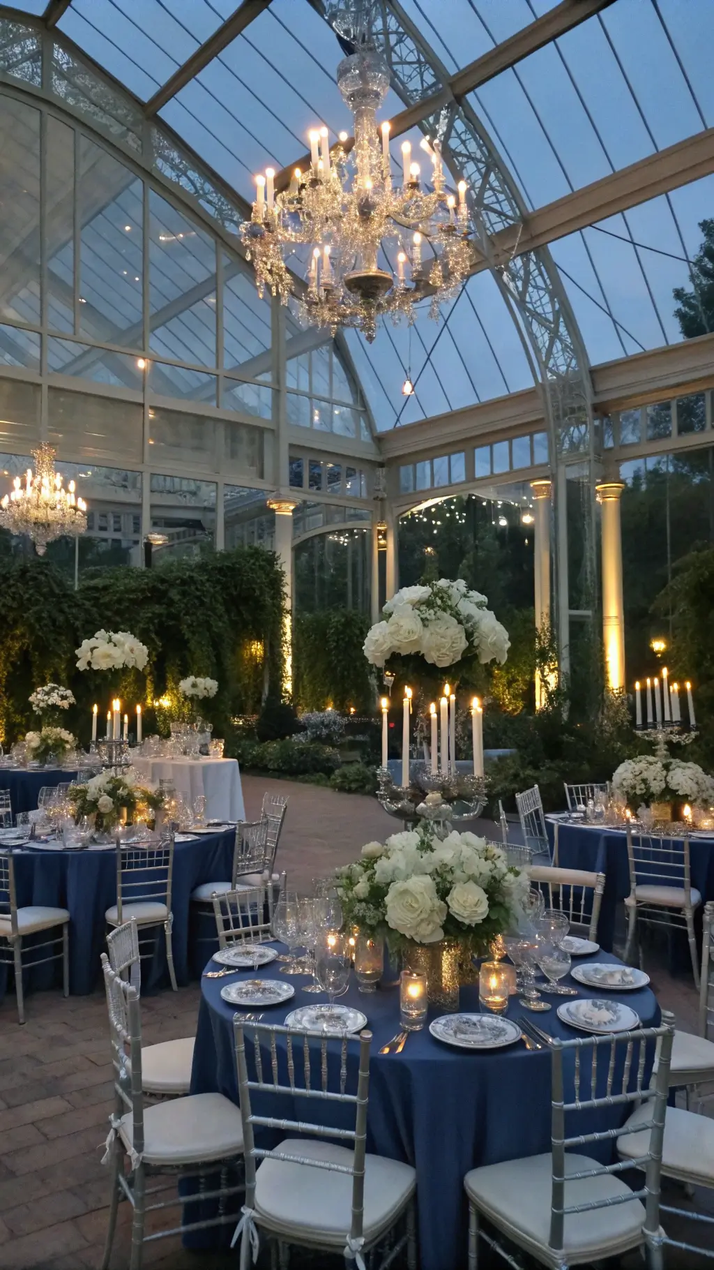 A luxurious conservatory wedding dinner with glass walls showcasing manicured gardens at dusk, featuring crystal chandeliers, velvet-draped tables with silver candelabras and floral arrangements, and elegant silver and crystal table settings. luxury centerpieces