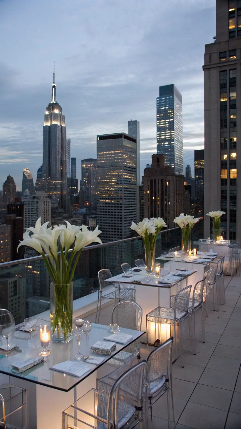 A luxurious penthouse terrace evening event in Manhattan during blue hour, featuring transparent tables, ghost chairs, and chrome decor with white calla lilies and orchids in mirrored vases. The setup includes sleek white chargers, crystal glassware, silver cutlery, and LED uplighting against the city's skyline, with floating candles adding a romantic ambiance as the day transitions to night. luxury centerpieces