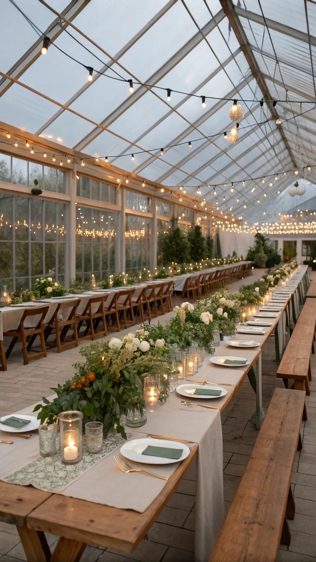 A sophisticated greenhouse venue with glass panels showing a twilight sky, featuring modern farmhouse tables with stone linen runners and sage velvet napkins, organic floral centerpieces in copper vessels, vintage brass candlesticks with cream tapers, string lights overhead, and gold-rimmed glassware catching ambient light. Early Spring Wedding
