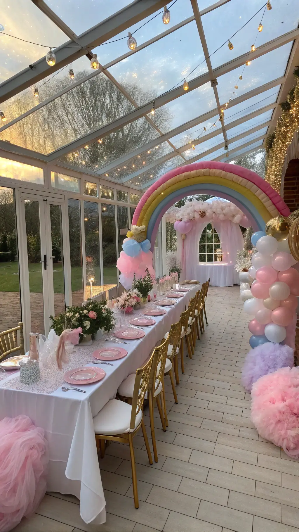 A sunlit conservatory showcasing a whimsical unicorn-themed birthday setup, featuring iridescent decor, a farmhouse table with pastel accents, and a rainbow balloon arch.