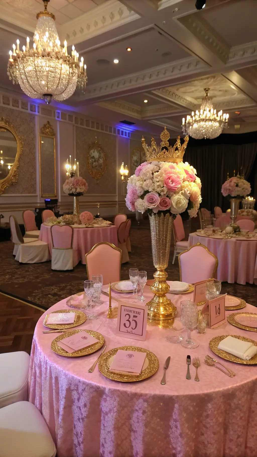 A grand ballroom princess-themed celebration with blush pink velvet table linens, crystal chandeliers, floral gilded centerpieces, golden crown decor, and a flower-adorned throne-like chair.