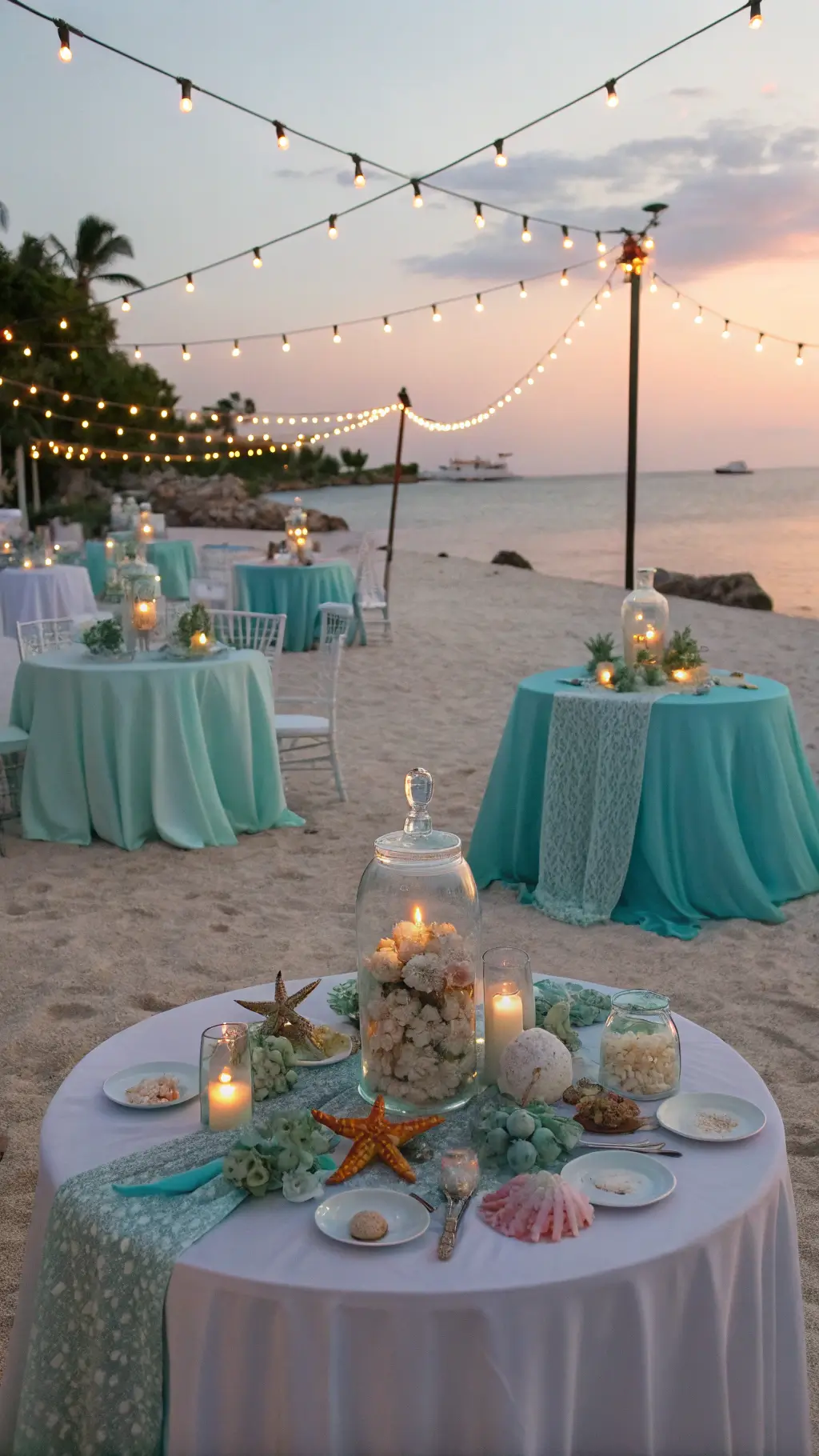 Aerial view of a mermaid-themed beach party at sunset, featuring ombré aqua and pearl draped tables, glistening market lights, coral and shell centerpieces under glass cloches, and iridescent decorations against an ocean backdrop.