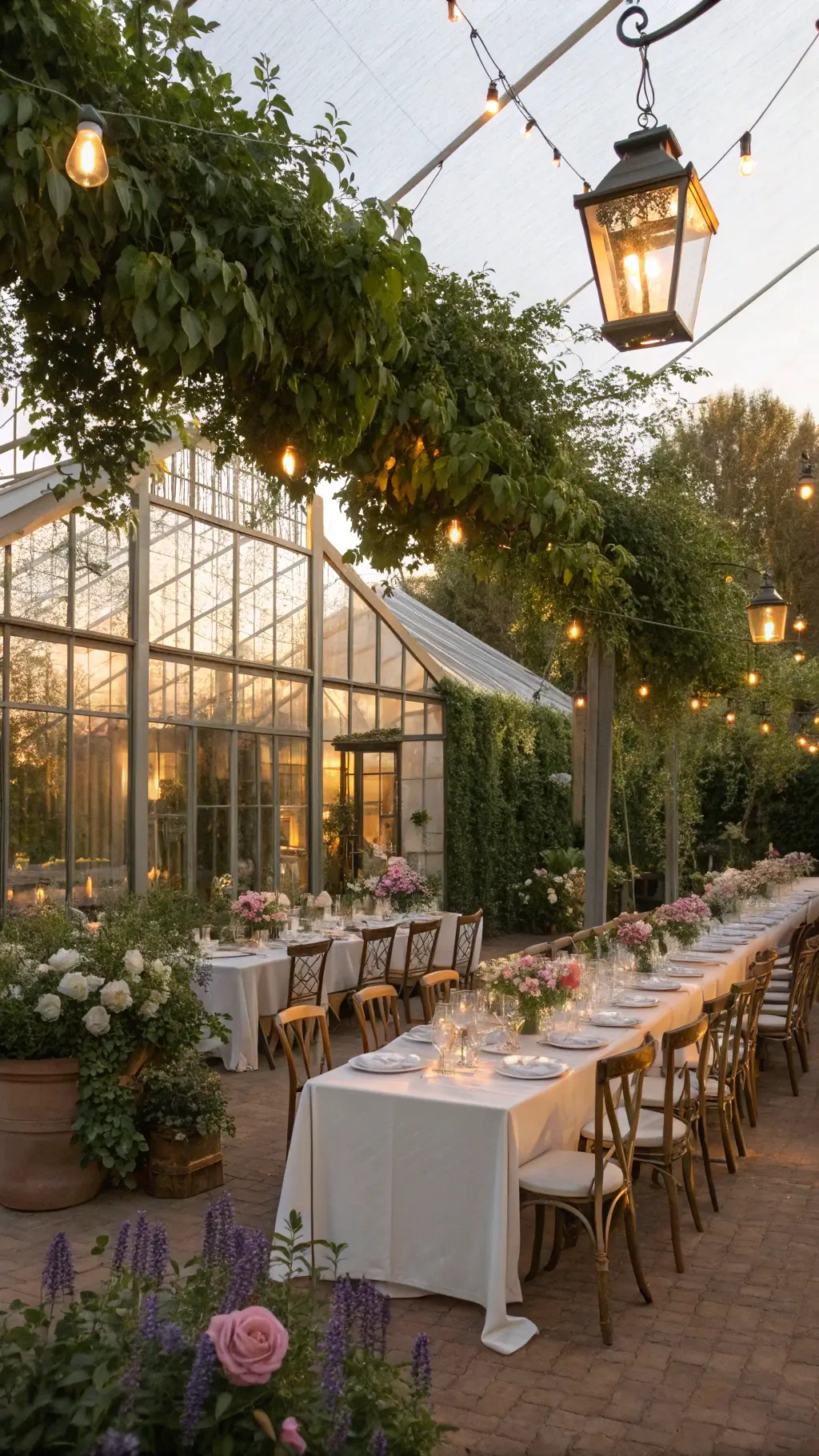 An enchanted garden party at golden hour, featuring a Victorian greenhouse with ivy and wisteria, antique brass lanterns on tables with garden roses and wild greenery, vintage teacups, and floating paper butterflies and dragonflies, captured with natural backlighting.