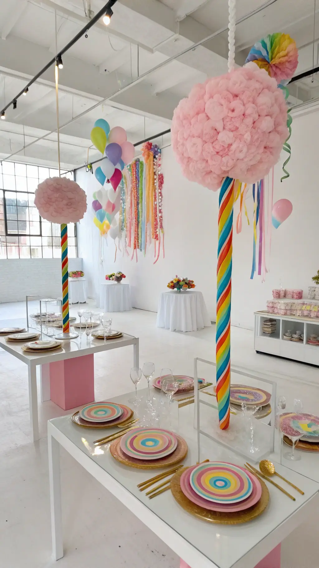 A modern white loft transformed into a candy wonderland with acrylic tables, cotton candy clouds, spiral lollipop trees, rainbow ribbon canopy, striped plates, gold flatware, and rock candy centerpieces. girl birthday decoration ideas