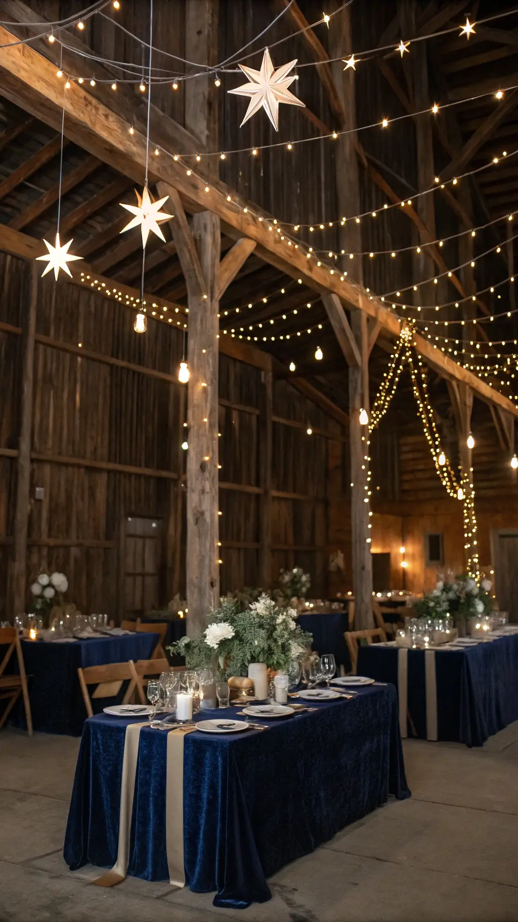 Rustic barn interior decorated for a starry night celebration with velvet linens, warm white string lights, constellation-themed table runners, mercury glass vases with white flowers and eucalyptus, and paper stars creating a magical ambiance. girl birthday decoration ideas
