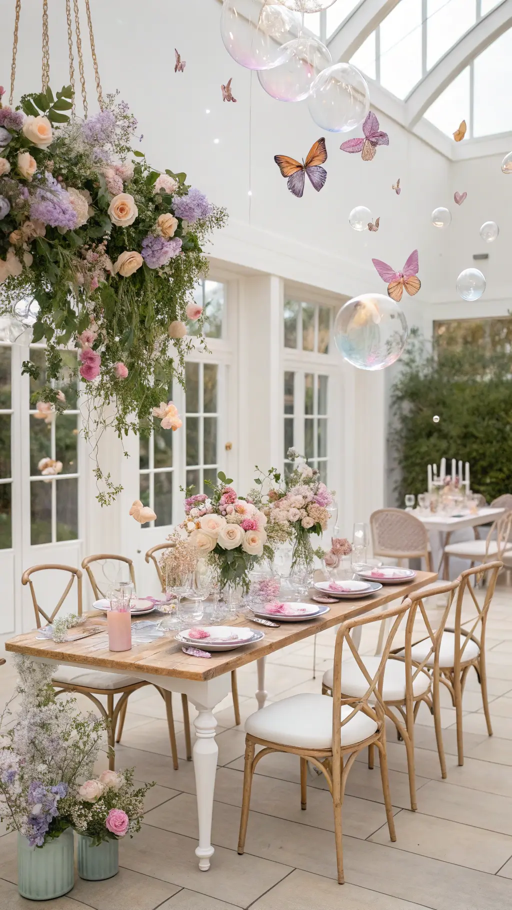 Butterfly-themed garden party in an orangery with glass tables featuring butterfly details, floating floral installations with preserved butterflies, and crystal prisms creating rainbows. girl birthday decoration ideas