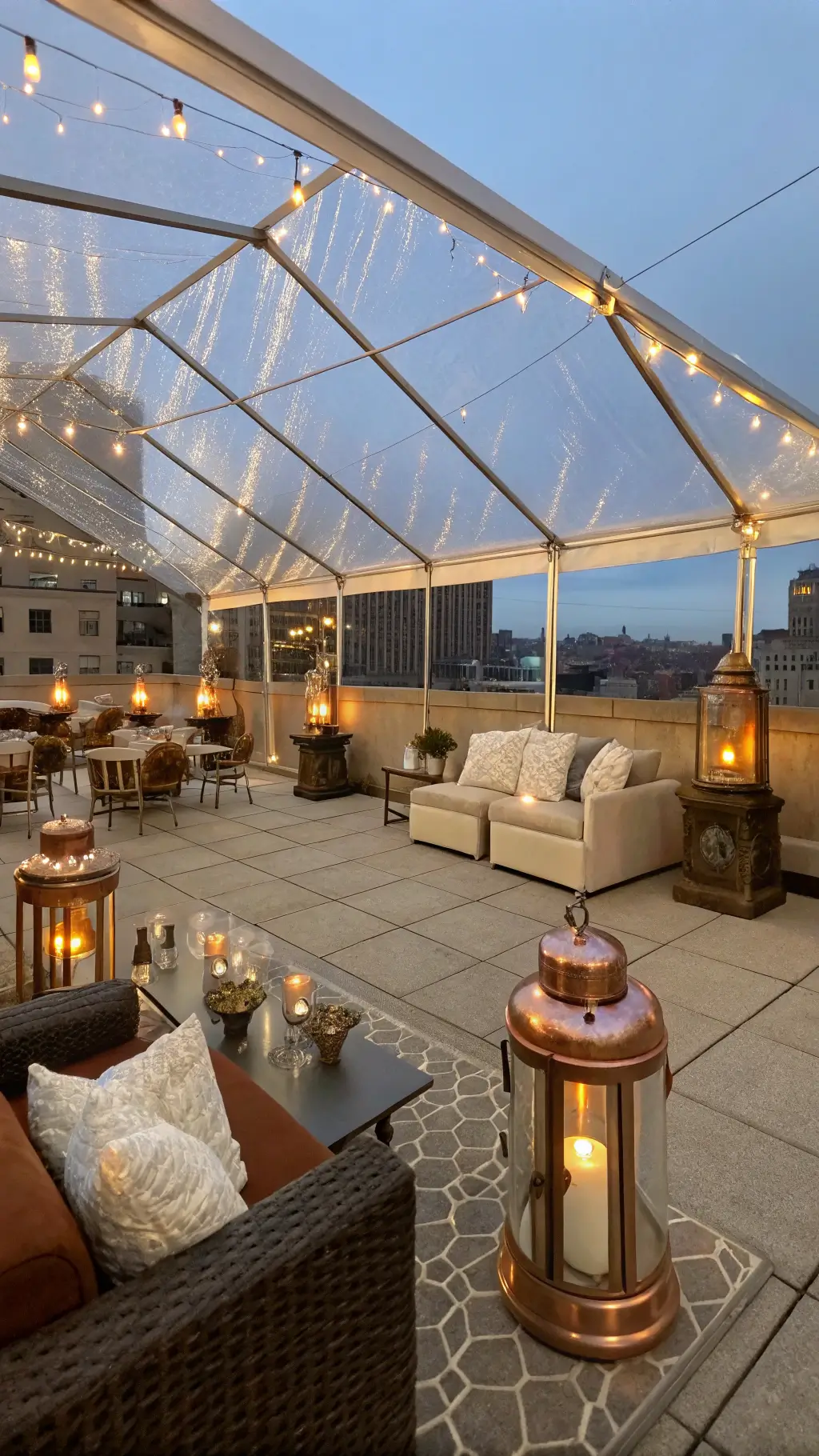 A dusk view of a covered terrace with a clear-top tent decorated with fairy lights. The lounge area features mocha and cream bouclé furniture with metallic pillows. Copper heat lamps add warmth and light, while a hot chocolate station with copper urns and ceramic mugs is set up nearby. City lights twinkle in the background. Early Spring Wedding