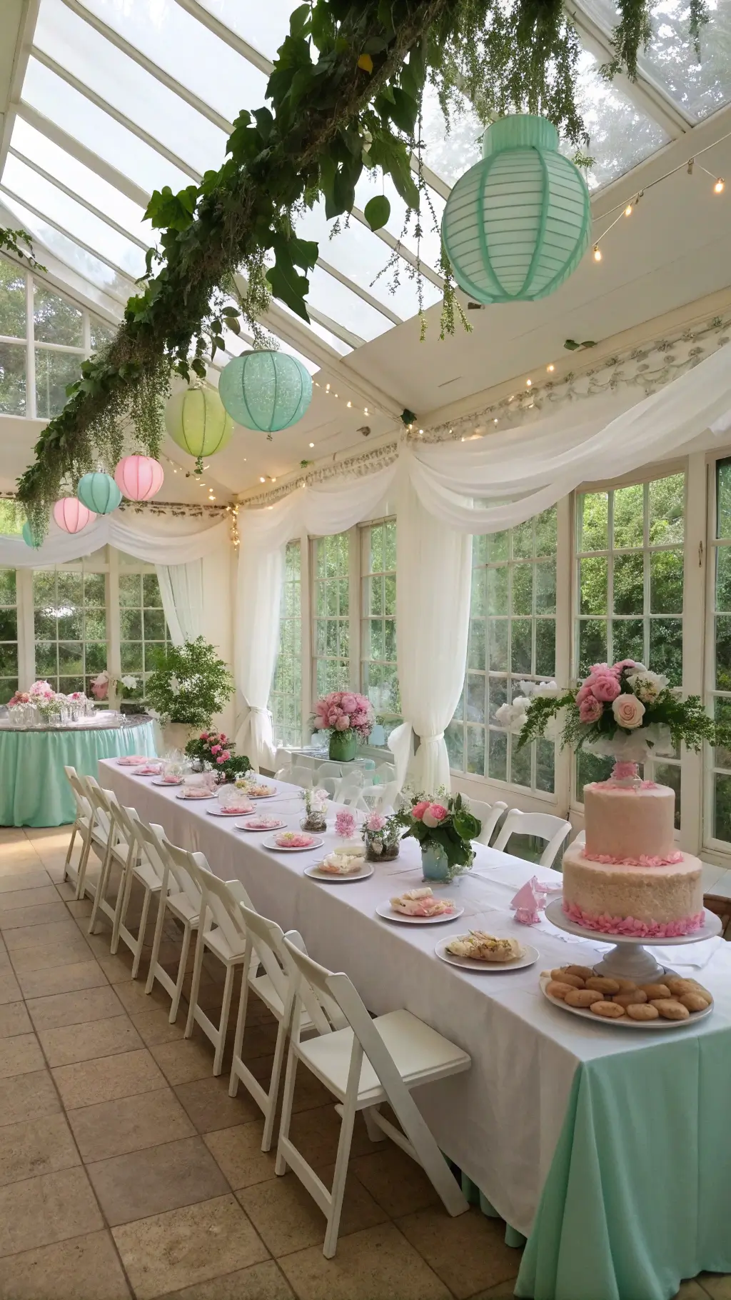 A sunlit garden conservatory set for a children's tea party with vintage pink and mint green tea sets, hanging paper lanterns, fresh flower garlands, and twinkling fairy lights, creating a whimsical and enchanted atmosphere.