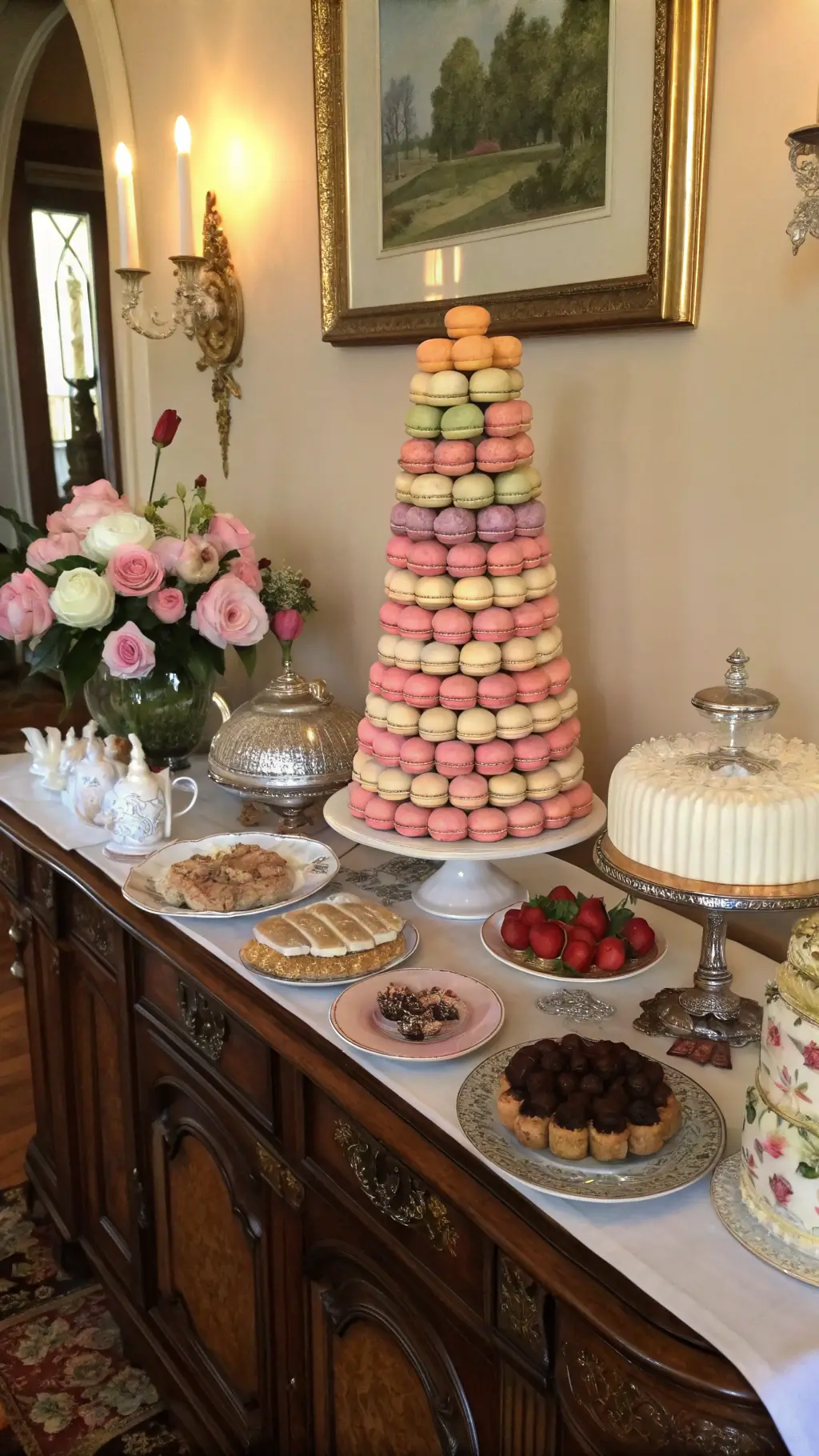 Close-up of a Victorian-style dessert station featuring a pastel macaron tower, chocolate-dipped strawberries, antique silver tea services, rainbow finger sandwiches on hand-painted china, and fresh roses in milk glass vases, all illuminated by warm candlelight.