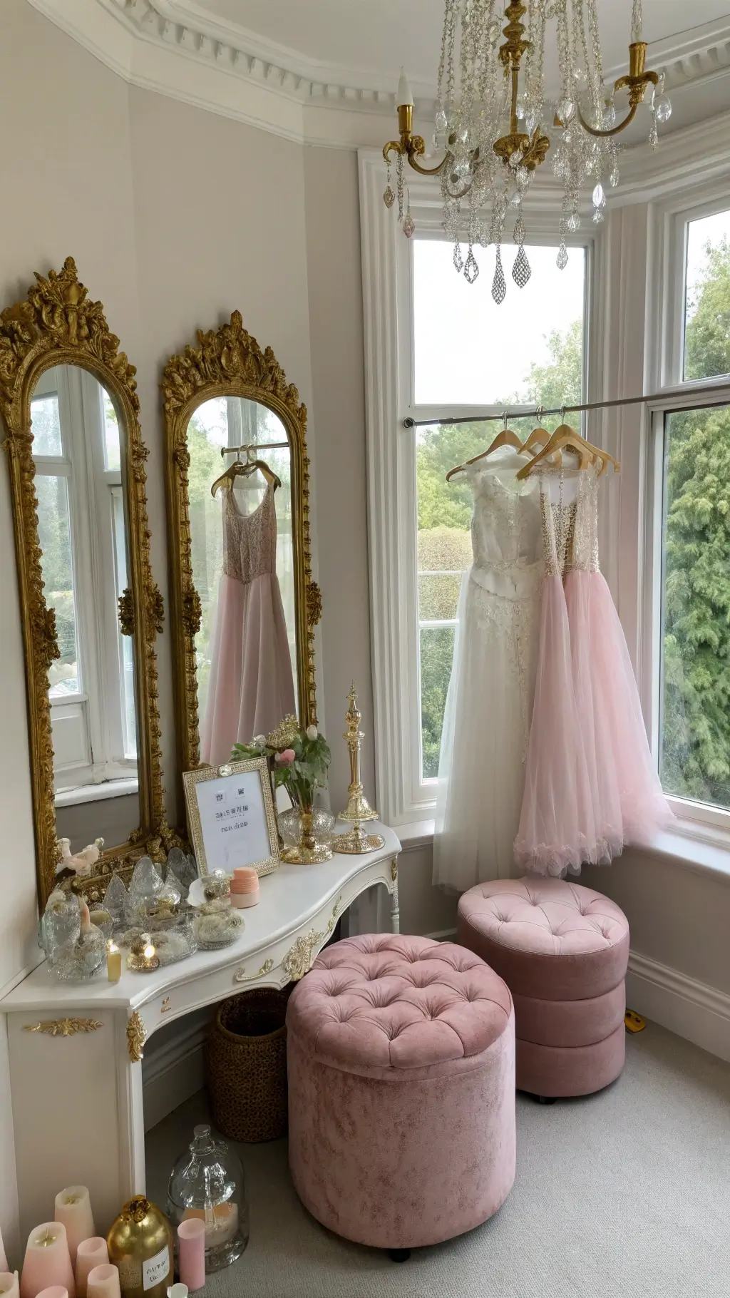 An elegant dress-up corner in a sunlit bay window with ornate mirrors, sparkly tiaras, silk gloves, pastel gowns, a vintage vanity with pearl strands, blush pink velvet poufs, and a crystal chandelier casting light patterns.
