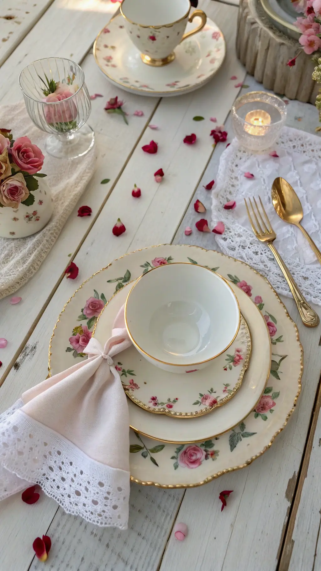 Overhead view of an elegant tea party setting on a rustic whitewashed table with fine china, rose-gold flatware, embroidered napkin, flower posies, rose petals, and sugar crystals.