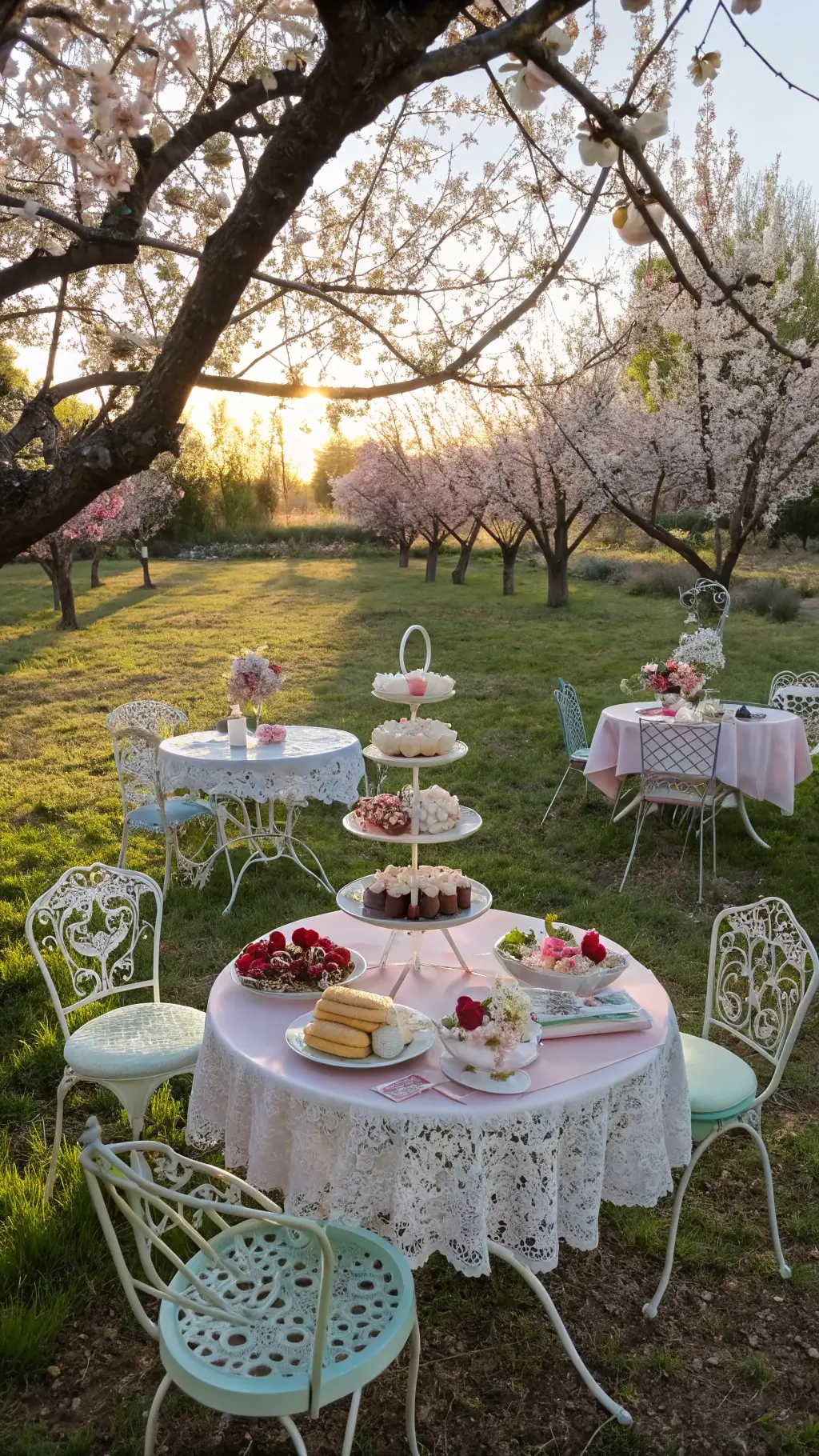 A serene tea garden at golden hour with white wrought-iron tables under blooming cherry trees, surrounded by pastel vintage chairs. Tables are adorned with lace tablecloths and abundant tiered trays of petit fours and berries. Crystal prisms hang from branches, casting rainbows in the sunlit scene.
