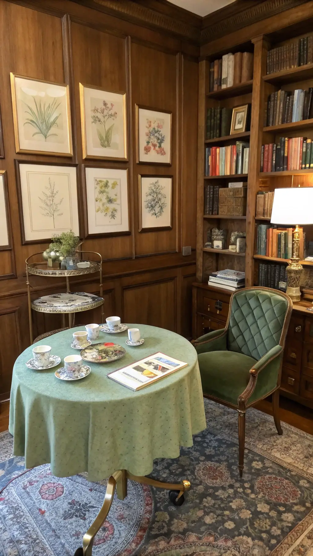 A cozy craft corner in a wood-paneled library nook featuring a round table with sage green velvet, porcelain teacups, watercolor sets, gilded paintbrushes, vintage botanical prints, and a brass cart with art supplies, all bathed in warm afternoon light.