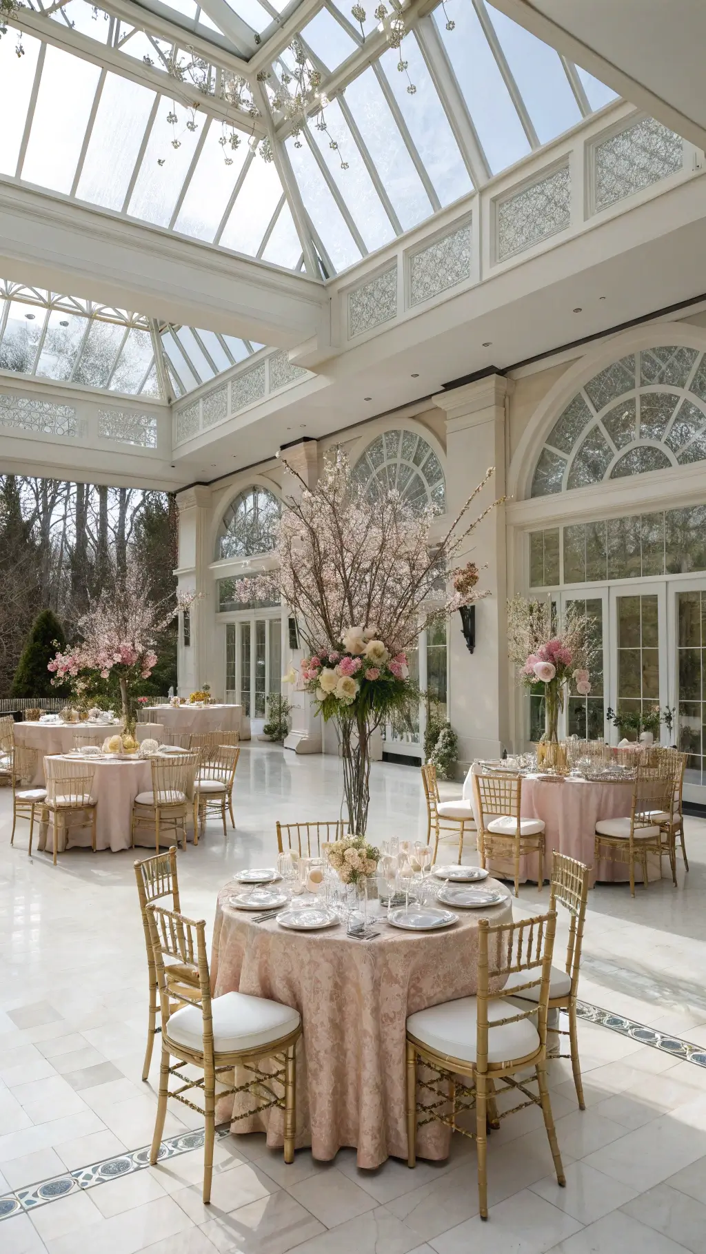 Aerial view of a bright conservatory with reflective white marble floors, featuring round and square tables adorned with champagne sequin linens and ghost chairs, highlighted by floral centerpieces of cherry branches and spring bulbs; architectural details and gold-rimmed chargers with blush napkins noted. Early Spring Wedding