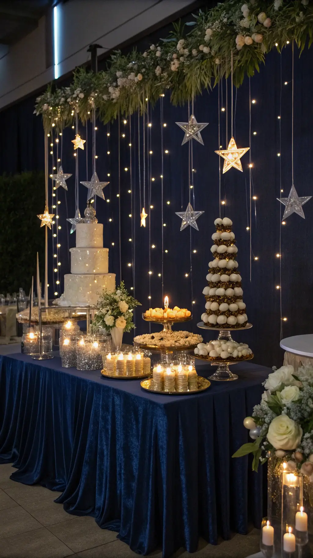 An enchanting dessert buffet with floating candles, gold-dusted treats on crystal cake stands, and star-shaped fairy lights, set against a midnight blue silk-draped table, with fresh white flowers and silver leaves.