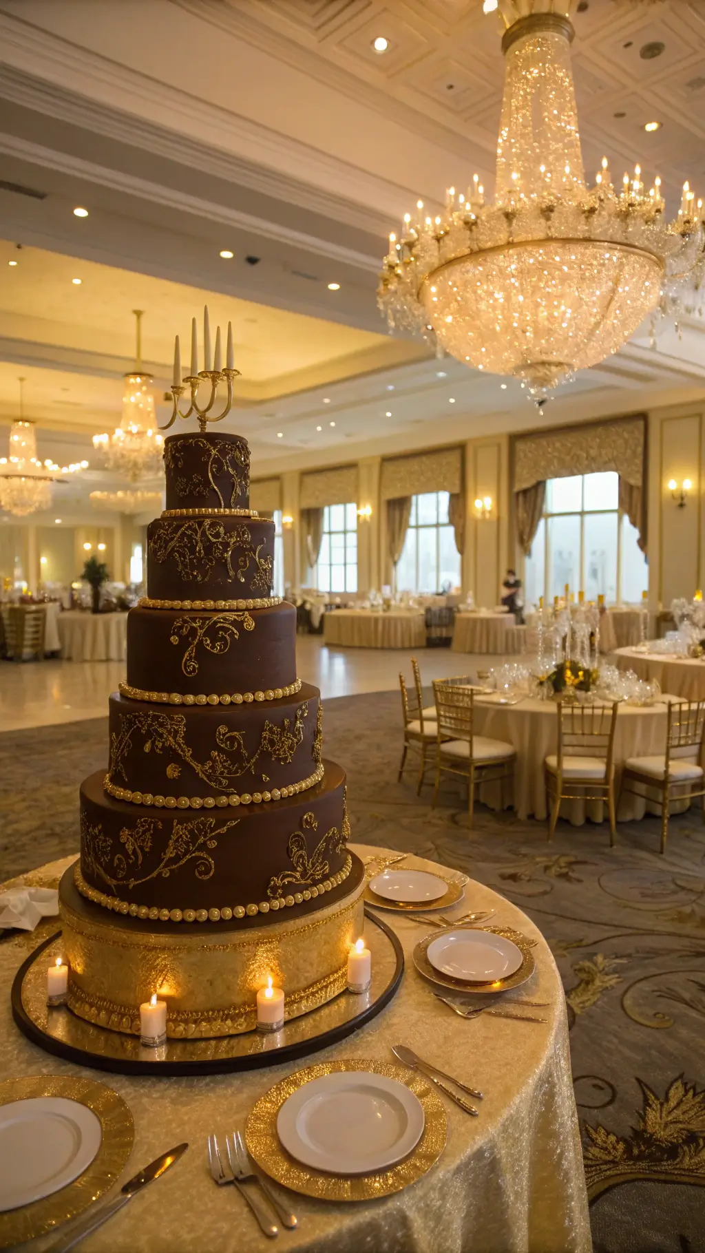 A luxurious ballroom with a large chocolate wedding cake featuring gold accents, surrounded by tables with champagne linens and gold-rimmed settings, illuminated by crystal chandeliers and natural light from tall windows.