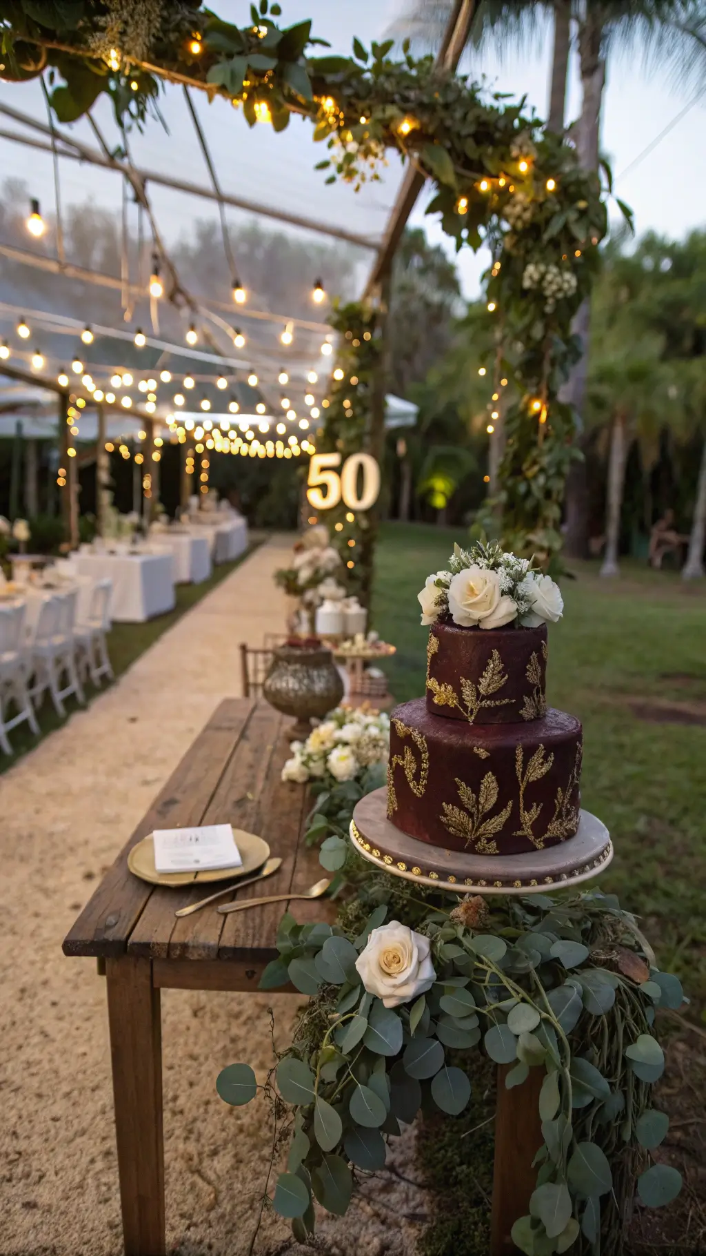 An intimate garden pavilion at sunset featuring a chocolate cake shaped like the number '50' on a rustic table with eucalyptus and roses, under glowing market lights and surrounded by vintage furniture.