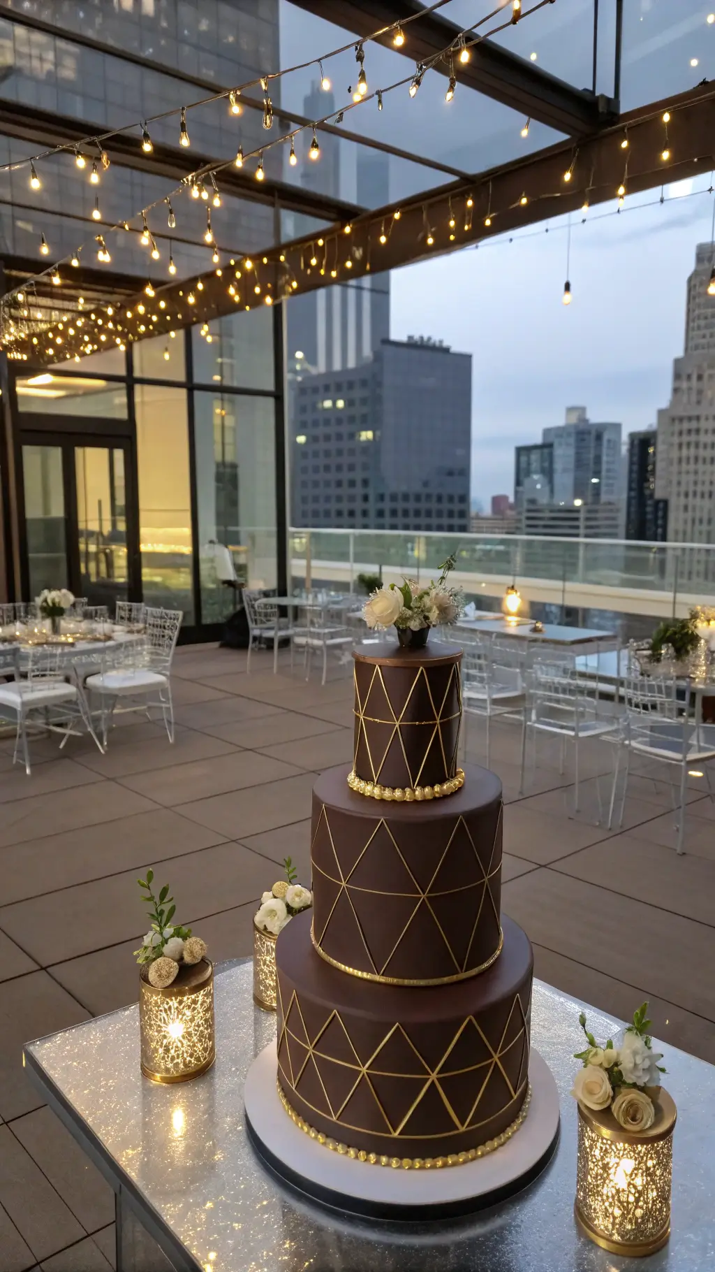 Aerial view of a modern rooftop venue at twilight featuring a sophisticated three-tier chocolate champagne cake with metallic gold geometric details. The setting includes glass tables with gold vessel floral arrangements, surrounded by ghost chairs. Floor-to-ceiling windows reveal city views, with uplighting and suspended Edison bulbs enhancing the ambiance.