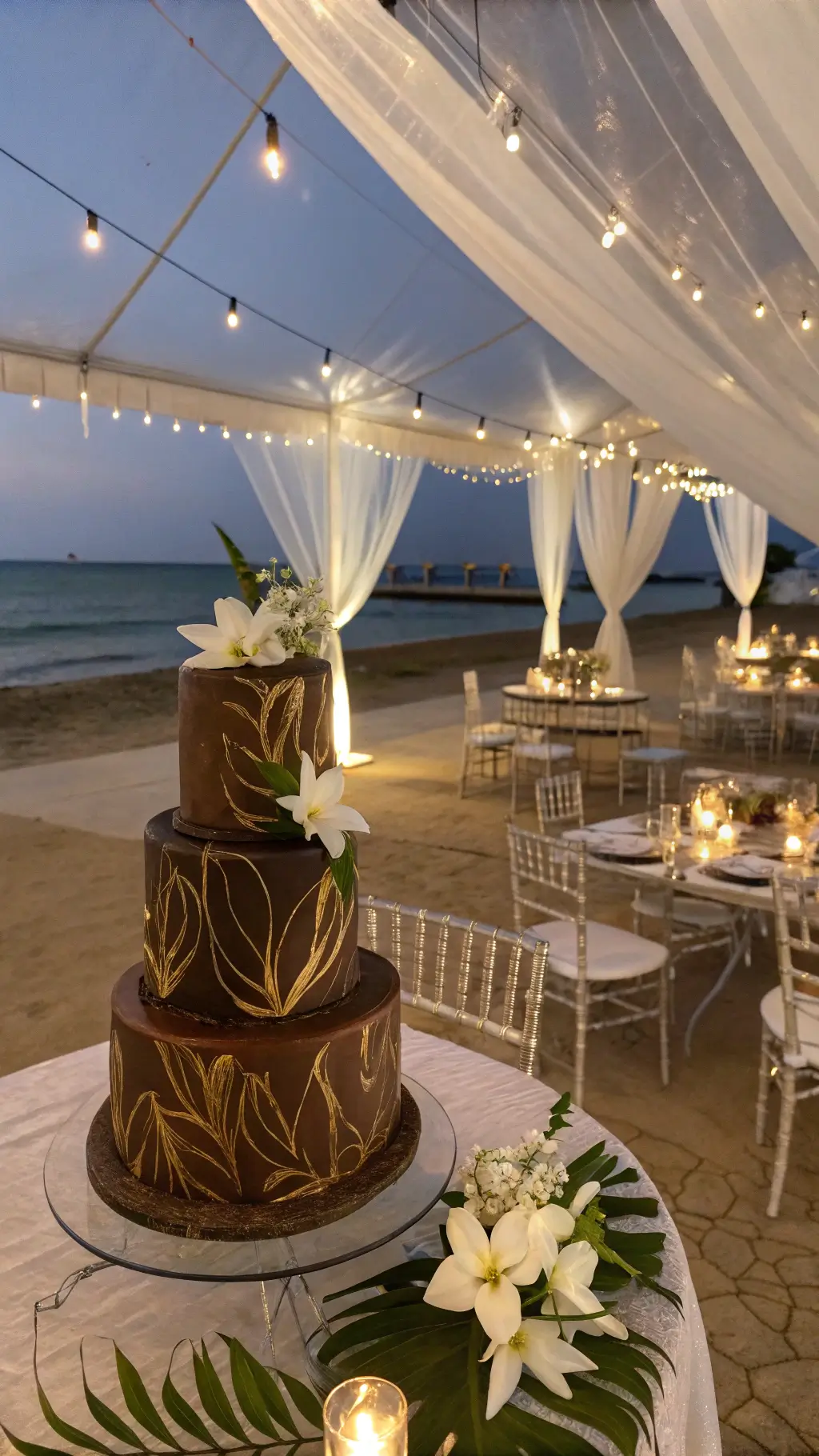 A beachside scene at dusk featuring an elegant cake with gold brushstrokes on an acrylic stand, surrounded by ghost chairs and mirrored tables adorned with tropical centerpieces of white orchids and monstera leaves, under string lights against an ocean backdrop.
