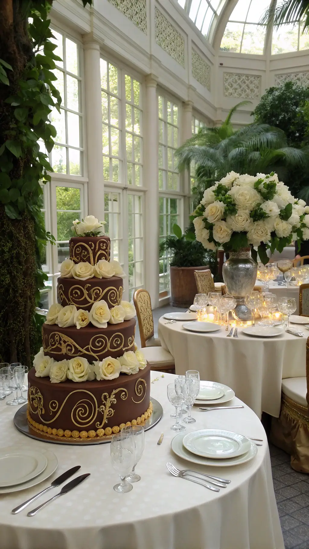 A classic hotel conservatory bathed in natural light features an ornate chocolate anniversary cake adorned with cascading sugar flowers and golden anniversary dates. Round tables with ivory linens and elevated centerpieces of white hydrangeas and roses are elegantly set with crystal stemware and silver chargers, seen through lush greenery. 50th Wedding Anniversary Chocolate Cake