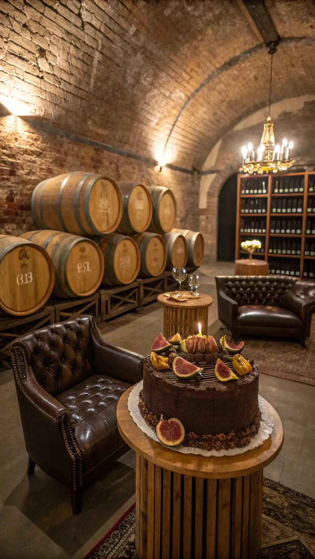 A candlelit wine cellar with exposed brick walls showcasing a chocolate-champagne cake adorned with edible gold leaf and fresh figs, surrounded by wooden wine barrels as tables; vintage champagne coupes and leather lounge furniture enhance intimate seating with warm, moody lighting. 50th Wedding Anniversary Chocolate Cake