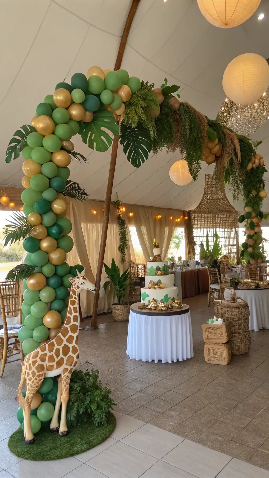 A sunlit pavilion hosts a safari-themed first birthday party, featuring a grand balloon arch in greens and golds, life-sized plush giraffes and elephants, rattan furniture with monstera leaves, a jungle-themed cake with golden animal figurines, tulle draping with vines and fairy lights, bamboo place settings, and warm lighting from large windows.