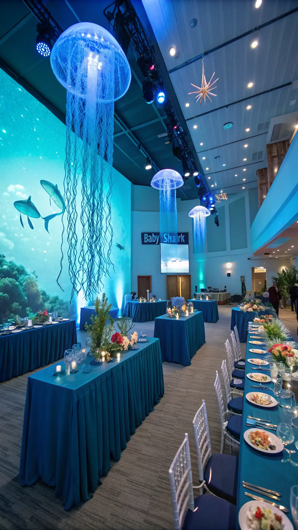 An overhead view of an underwater-themed event space with blue and turquoise uplighting. Iridescent fabric jellyfish hang above, illuminated with LED lights. Ombré blue table linens feature coral and seashell centerpieces. Bubbles float in the air as water effects are projected on the walls. Table settings include glass chargers with pearl accents, navy napkins, and golden starfish. A 'Baby Shark' dessert display stands against a wave backdrop lit by cool blue spotlights.