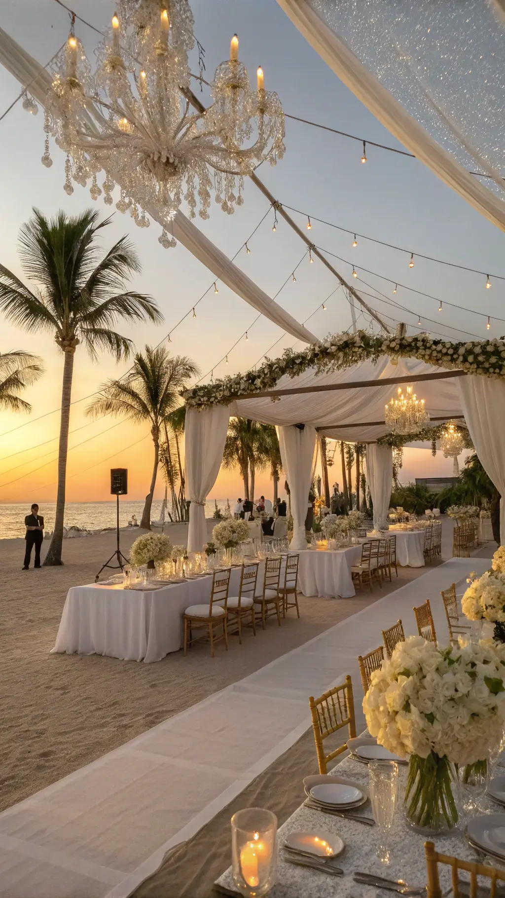 A luxurious beachfront resort reception at golden hour featuring an elegant clear-top tent with cascading white orchids, crystal chandeliers, and crisp white silk-draped tables with coral and white centerpieces, gold chiavari chairs, and market lights overhead. An ivory carpet aisle runs through the sand with ambient driftwood accents and lanterns.
