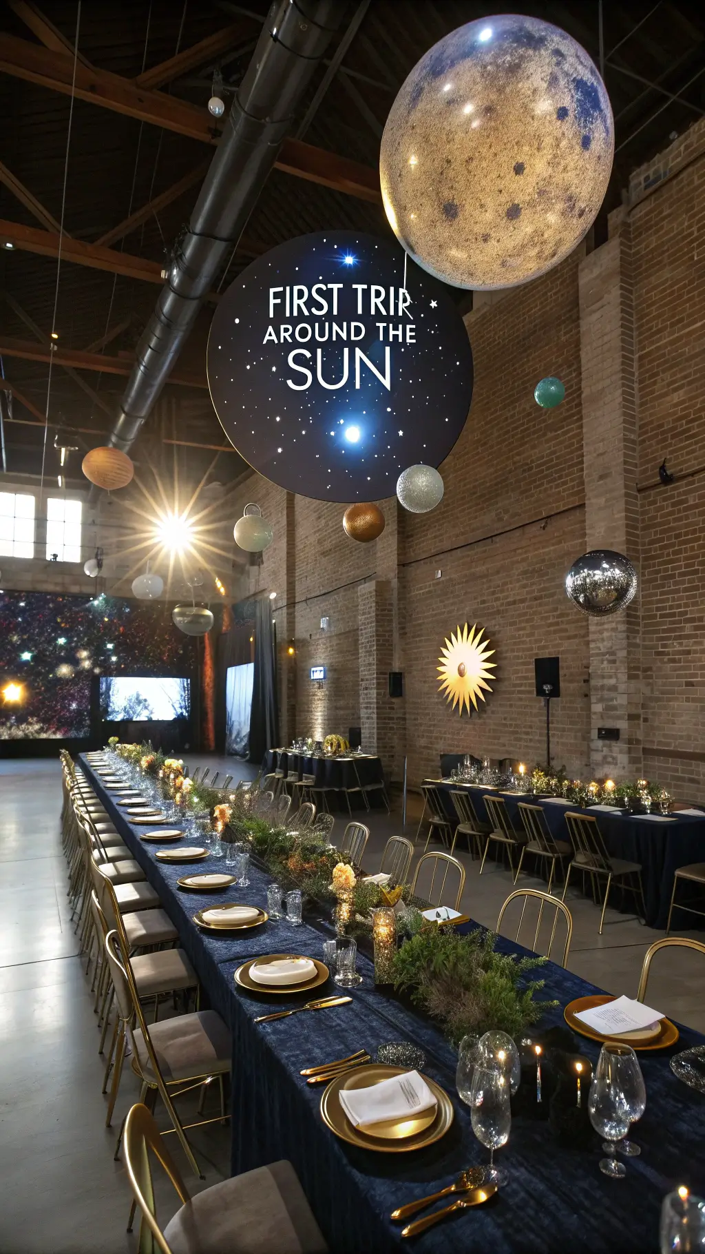 A modern loft with exposed brick walls featuring suspended planets and stars, mirrored tables reflecting constellation lights, centerpieces with metallic orbs and LED domes, cosmic-themed place settings, and a fiber-optic lit 'First Trip Around the Sun' backdrop at dusk.