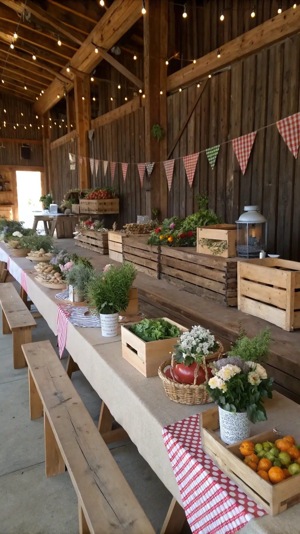 A rustic barn venue hosting a farmer's market-themed birthday, featuring long tables with gingham runners, mason jar wildflowers, and mini wooden crates of produce; overhead, dried flowers and market scales hang; place settings include kraft paper, twine, and terracotta pots, all bathed in soft, late afternoon light. Baby Boy First Birthday Party