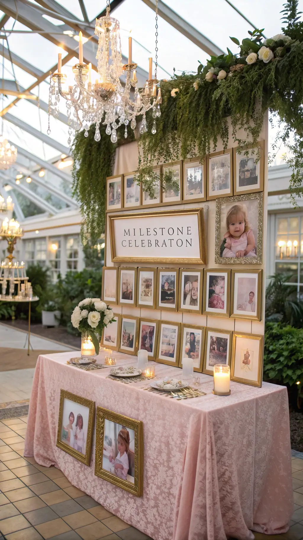 A luxurious milestone celebration in a sunlit conservatory with a baby photo timeline on a flower wall, velvet linens, gold detailing, and romantic candlelit ambiance. Baby Boy First Birthday Party