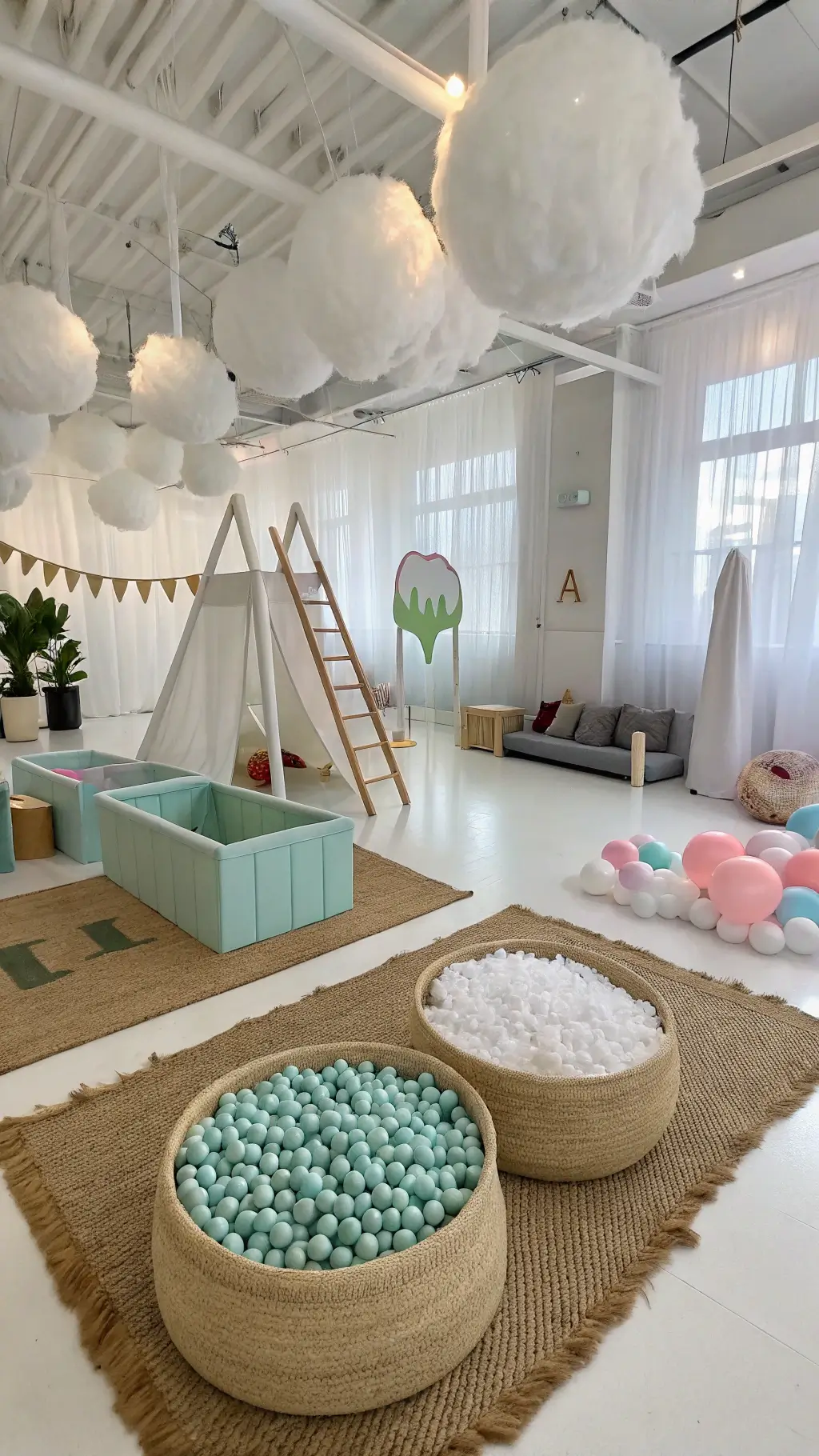 A modern event space featuring interactive play areas with pastel ball pits, soft climbing structures, musical zones, overhead cotton clouds, oversized letter blocks, geometric shapes, jute rugs, and low cushioned seating bathed in morning light. Baby Boy First Birthday Party