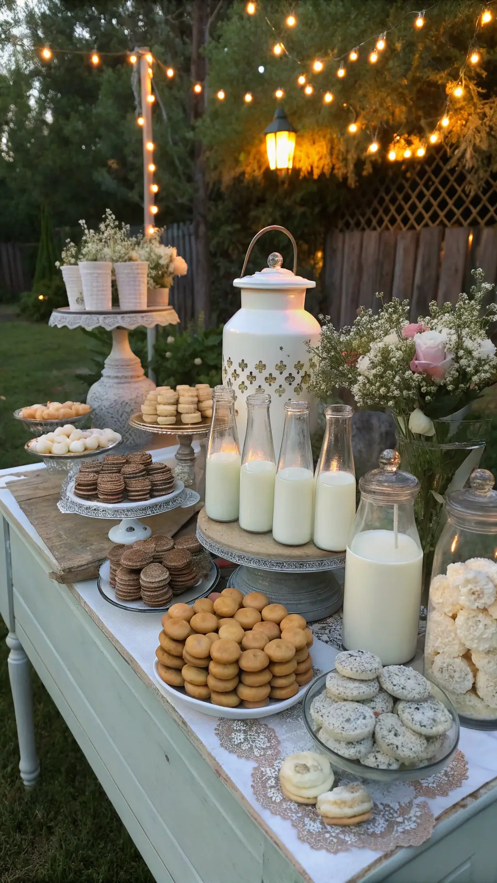 A warm, golden hour garden celebration featuring vintage milk bottles, stacked cookie jars, macaron displays, and shabby-chic furniture, with string lights overhead and antique silver milk jugs filled with flowers. Baby Boy First Birthday Party