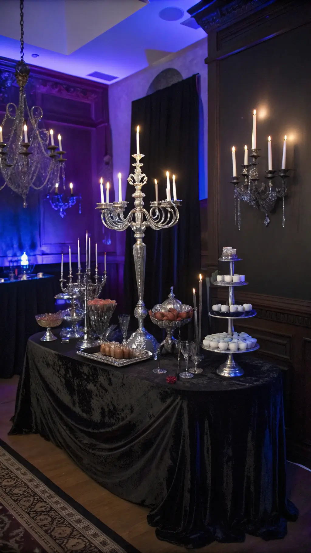 Killer Halloween Dessert Table Ideas: Spook-tacular Treats That'll Raise the Dead A dimly lit Victorian dining room with a black velvet-draped dessert table, silver candelabras, ghost marshmallow pops, dry ice fog, and crystal chandeliers casting a haunting atmosphere.