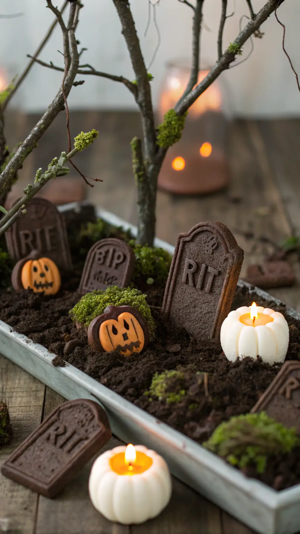 Killer Halloween Dessert Table Ideas: Spook-tacular Treats That'll Raise the Dead A detailed tabletop scene featuring chocolate cookie headstones in Oreo dirt, fondant zombies, LED-lit jack-o'-lanterns, and white chocolate mummy truffles.
