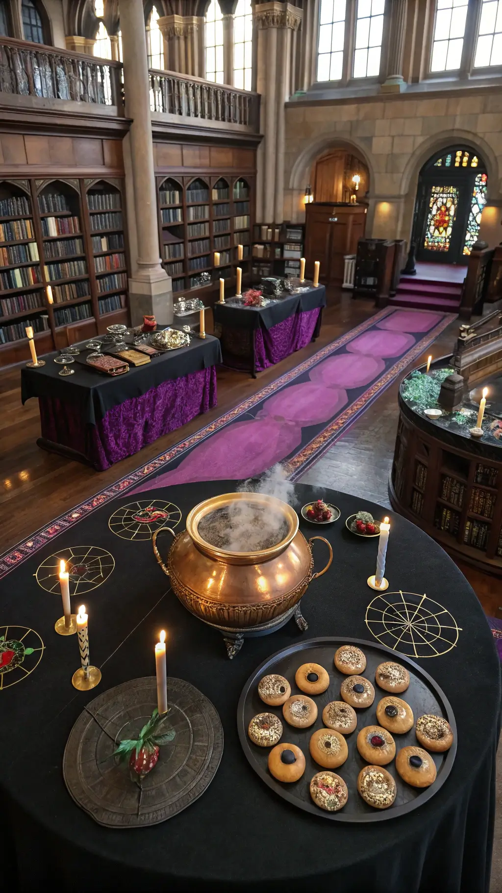 Killer Halloween Dessert Table Ideas: Spook-tacular Treats That'll Raise the Dead Overhead view of a Gothic library with a massive round table featuring a smoking copper cauldron centerpiece, surrounded by eyeball cookies on black plates. Purple velvet runners spiral outwards with vintage potion bottles and votives, under colorful stained glass light patterns.