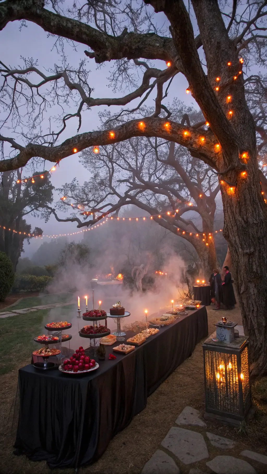 Killer Halloween Dessert Table Ideas: Spook-tacular Treats That'll Raise the Dead Twilight garden party with bare trees and orange fairy lights, floating dessert table with organza drape, fog from smoke machines, vintage stands with red candied apples, chocolate treats, wide-angle view, dusky purple sky through branches.