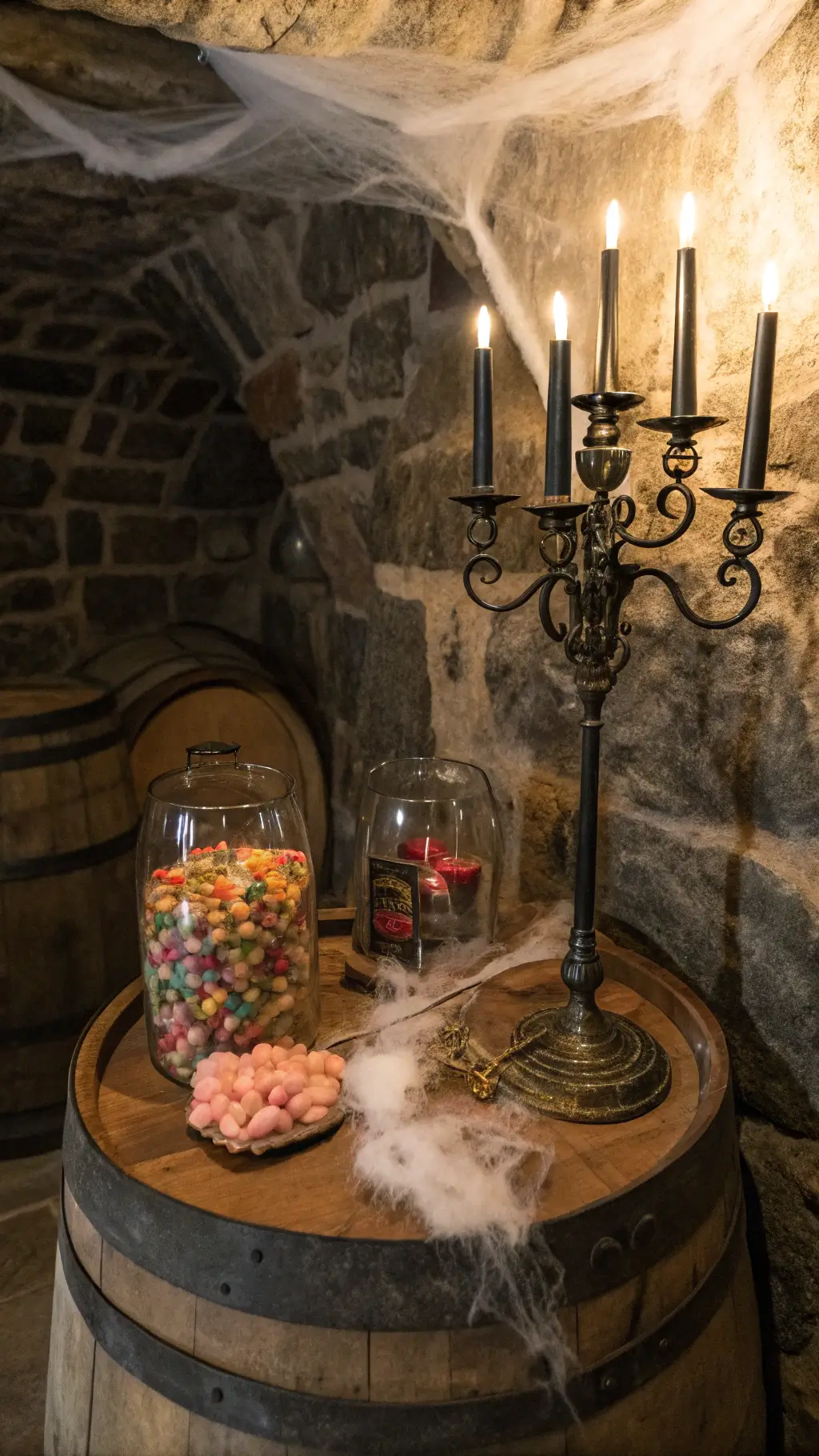 Killer Halloween Dessert Table Ideas: Spook-tacular Treats That'll Raise the Dead An atmospheric stone-walled wine cellar with a dessert display on a wooden barrel top, featuring aged brass candlesticks with black tapers, colorful candy jars, and cotton candy webs, all illuminated by moody lighting.