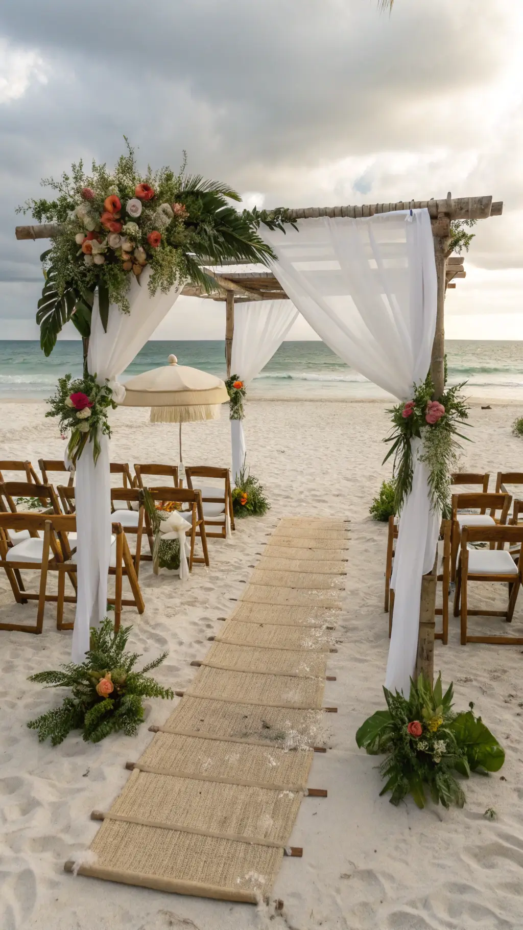 An elevated view of a beach ceremony with a wooden pergola adorned with white chiffon, protea blooms, and monstera leaves, soft morning light, cross-back chairs on a seagrass aisle, a vintage cart with hats and parasols, and weathered signs against a turquoise ocean backdrop.