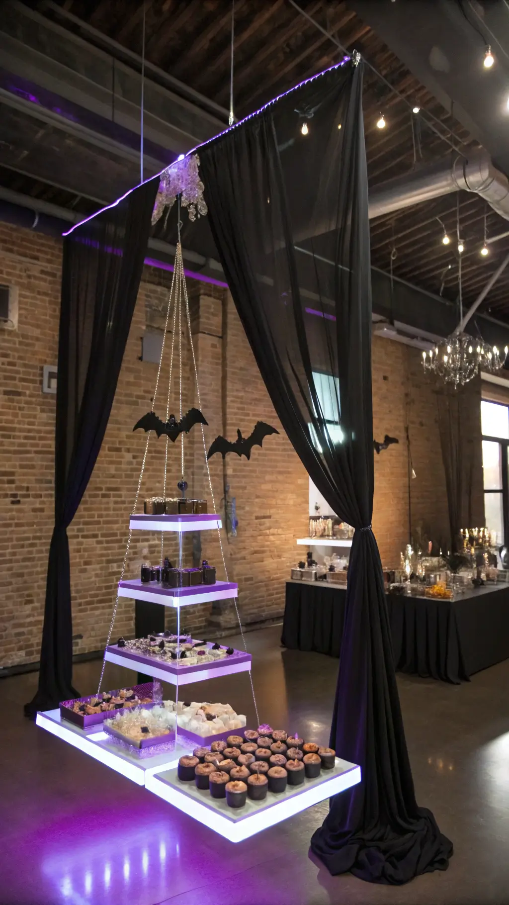 Killer Halloween Dessert Table Ideas: Spook-tacular Treats That'll Raise the Dead A modern industrial loft with floor-to-ceiling black drapes features a suspended, floating acrylic dessert table glowing with purple LED lights, adorned with geometric arrangements of ghost marshmallow pops and dark chocolate treats on mirrored platforms, with silhouettes of hanging paper bats against strategic backlighting.