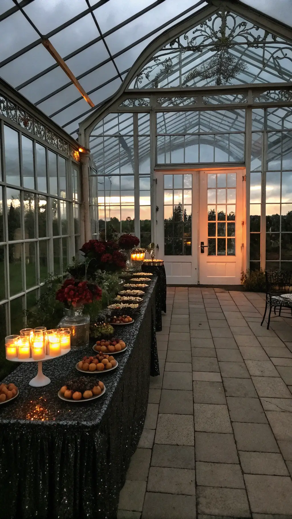 Killer Halloween Dessert Table Ideas: Spook-tacular Treats That'll Raise the Dead A greenhouse conservatory at dusk showcases stormy skies through iron-framed windows, with tables covered in black sequined linens and tiered treats on wrought iron stands. Fresh dark roses and thorny branches adorn the Halloween desserts, while hundreds of amber tea lights add a warm glow.