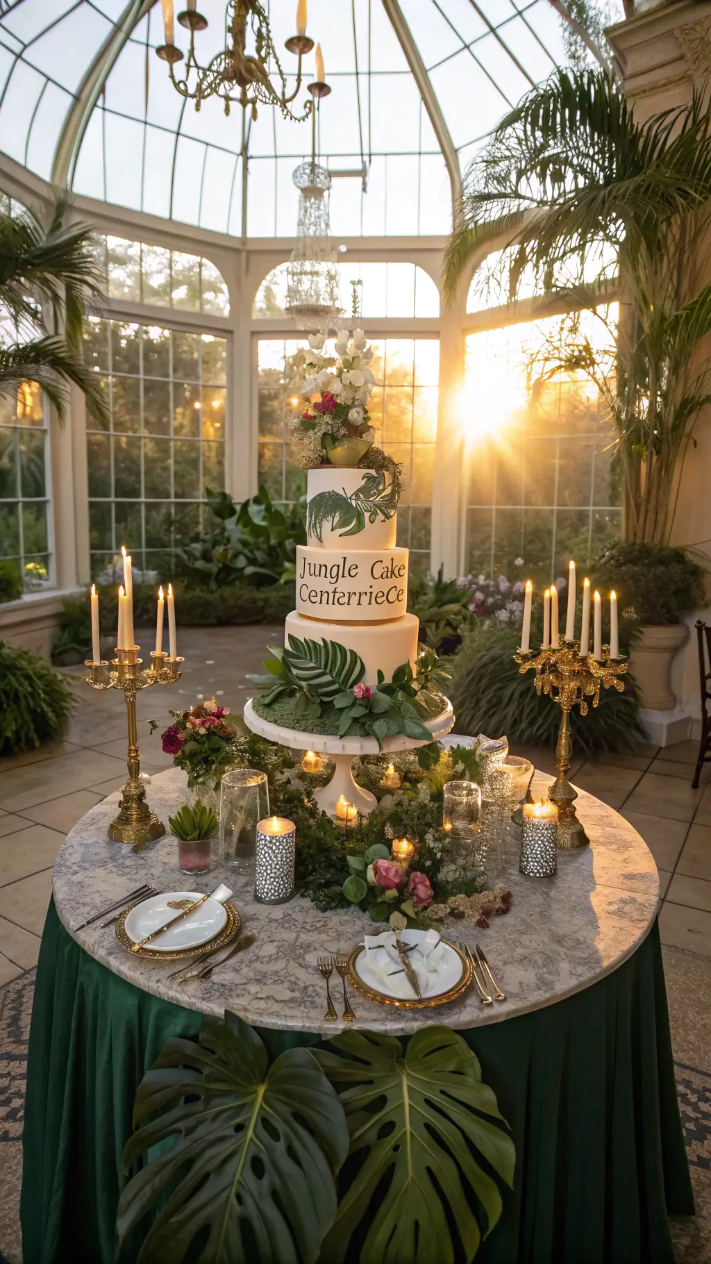 Overhead view of a tiered jungle-themed cake in a grand conservatory with sunlight, surrounded by lush greenery, orchids, brass animal figurines, and crystal candelabras on an emerald silk-draped table.